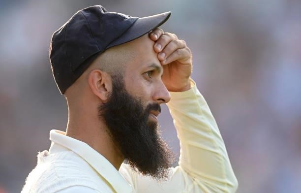 Moeen Ali of England looks on during day two of the 4th LV= Test Match between England and India at The Kia Oval on September 03, 2021 in London,...