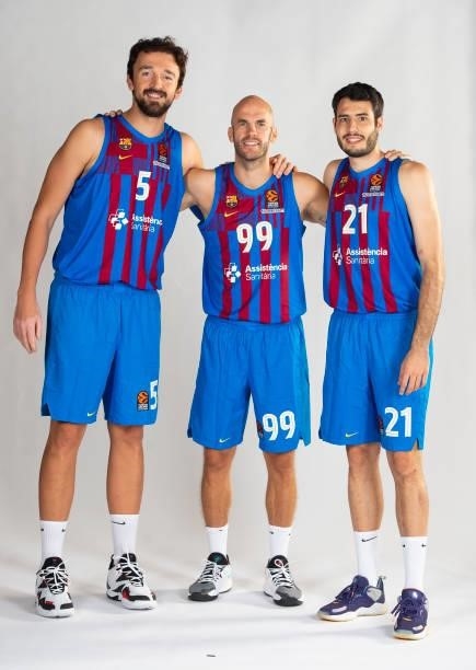 Sertac Sanli, #5; Nick Calathes, #99 and Alex Abrines, #21 poses during the 2021/2022 Turkish Airlines EuroLeague Media Day of FC Barcelona at Ciutat...