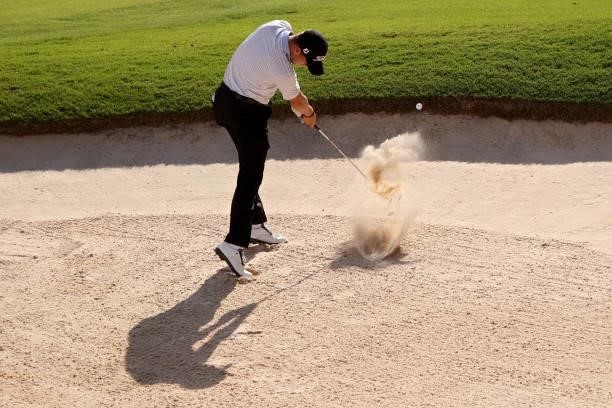 Justin Thomas plays his shot from the bunker on the 16th hole during the second round of the TOUR Championship at East Lake Golf Club on September...
