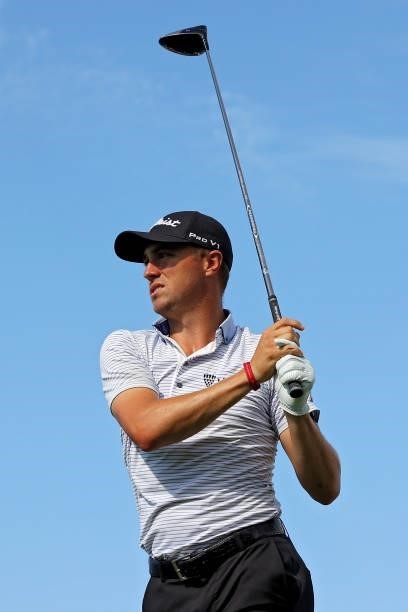 Justin Thomas plays his shot from the 16th tee during the second round of the TOUR Championship at East Lake Golf Club on September 03, 2021 in...