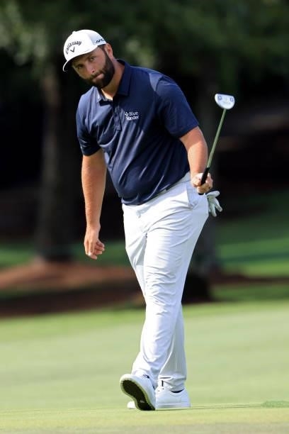 Jon Rahm of Spain reacts after making birdie on the 13th green during the second round of the TOUR Championship at East Lake Golf Club on September...