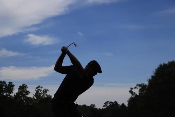 Bryson DeChambeau plays a shot on the 10th hole during the second round of the TOUR Championship at East Lake Golf Club on September 03, 2021 in...