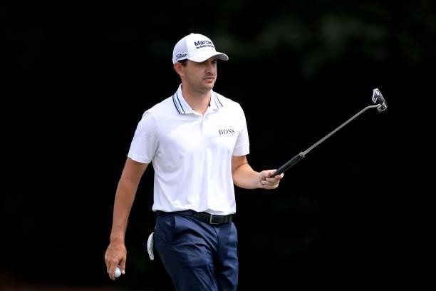 Patrick Cantlay reacts to a birdie on the seventh hole during the second round of the TOUR Championship at East Lake Golf Club on September 03, 2021...