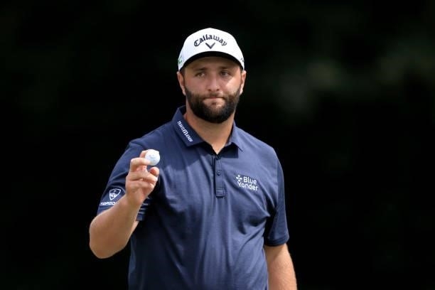 Jon Rahm of Spain acknowledges the crowd after a birdie on the seventh hole during the second round of the TOUR Championship at East Lake Golf Club...