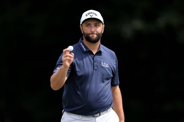 Jon Rahm of Spain acknowledges the crowd after a birdie on the seventh hole during the second round of the TOUR Championship at East Lake Golf Club...