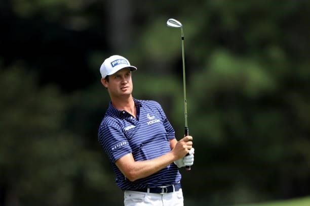 Harris English plays a shot on the seventh hole during the second round of the TOUR Championship at East Lake Golf Club on September 03, 2021 in...