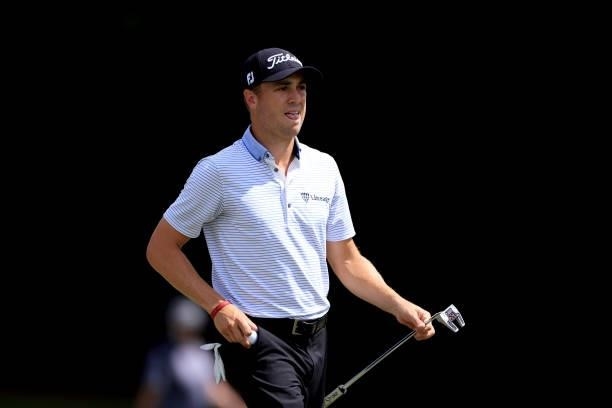 Justin Thomas walks down the seventh hole during the second round of the TOUR Championship at East Lake Golf Club on September 03, 2021 in Atlanta,...