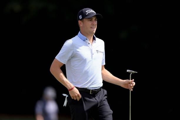 Justin Thomas walks down the seventh hole during the second round of the TOUR Championship at East Lake Golf Club on September 03, 2021 in Atlanta,...