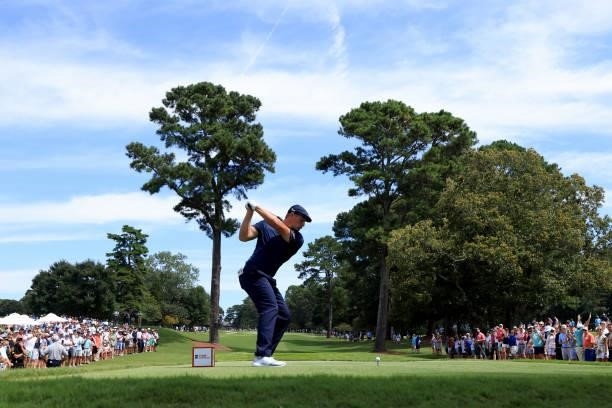 Bryson DeChambeau plays a shot on the fourth hole during the second round of the TOUR Championship at East Lake Golf Club on September 03, 2021 in...