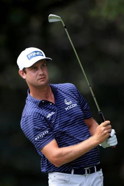 Harris English plays a shot on the second hole during the second round of the TOUR Championship at East Lake Golf Club on September 03, 2021 in...