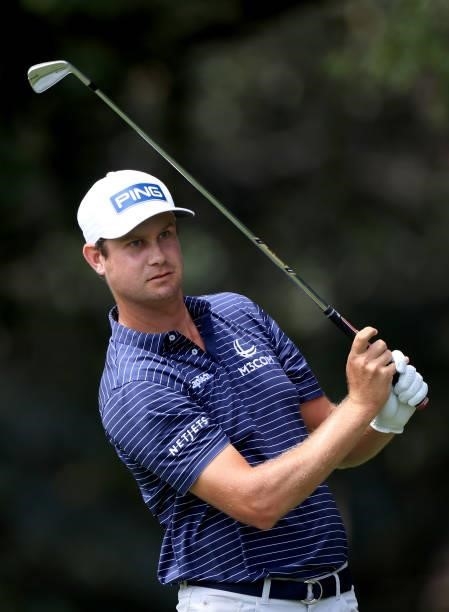 Harris English plays a shot on the second hole during the second round of the TOUR Championship at East Lake Golf Club on September 03, 2021 in...