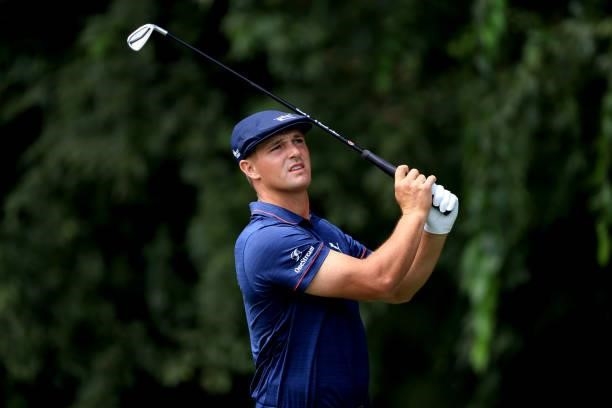 Bryson DeChambeau plays a shot on the second hole during the second round of the TOUR Championship at East Lake Golf Club on September 03, 2021 in...
