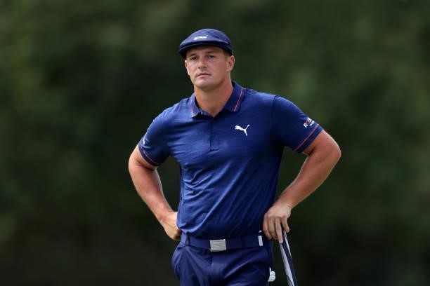 Bryson DeChambeau waits to play a shot on the first hole hole during the second round of the TOUR Championship at East Lake Golf Club on September...