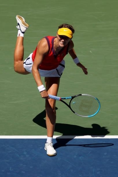 Victoria Azarenka of Belarus serves against Garbine Muguruza of Spain during her Women's Singles third round match on Day Five at USTA Billie Jean...