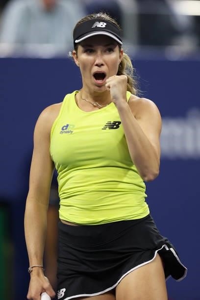 Danielle Collins of the United States reacts against Aryna Sabalenka of Belarus during her Women's Singles third round match on Day Five of the 2021...
