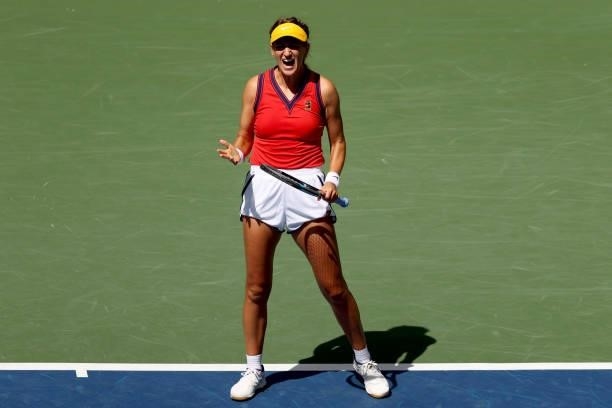 Victoria Azarenka of Belarus reacts to a point against Garbine Muguruza of Spain during her Women's Singles third round match on Day Five at USTA...