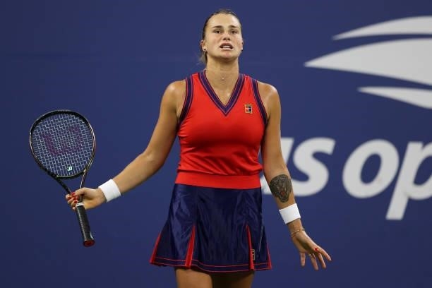 Aryna Sabalenka of Belarus reacts against Danielle Collins of the United States during her Women's Singles third round match on Day Five of the 2021...