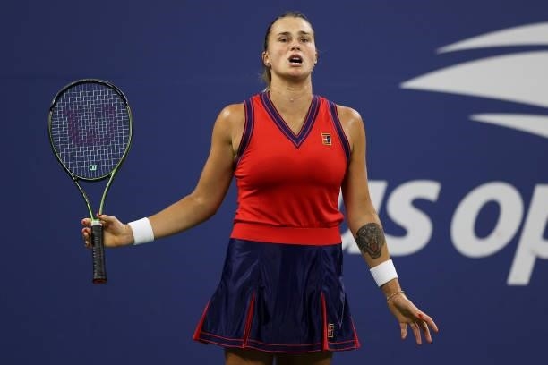 Aryna Sabalenka of Belarus reacts against Danielle Collins of the United States during her Women's Singles third round match on Day Five of the 2021...