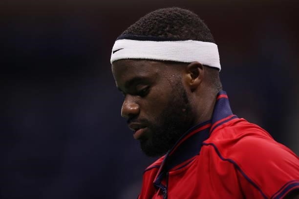 Frances Tiafoe of the United States reacts against Andrey Rublev of Russia during his Men's Singles third round match on Day Five of the 2021 US Open...