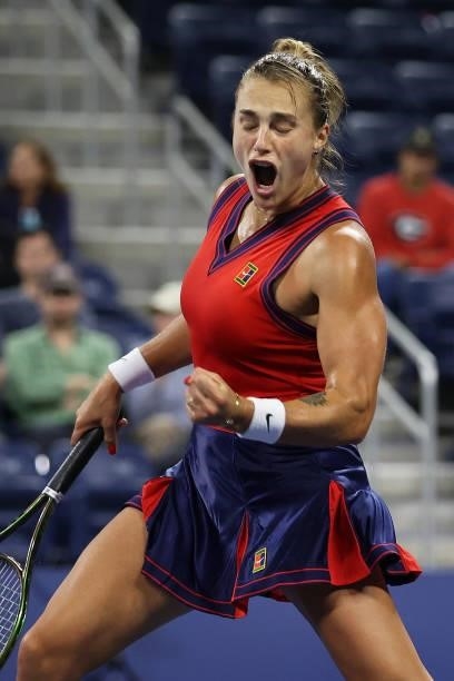 Aryna Sabalenka of Belarus celebrates winning the first set against Danielle Collins of the United States during her Women's Singles third round...