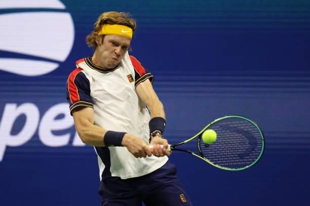 Andrey Rublev of Russia returns against Frances Tiafoe of the United States during his Men's Singles third round match on Day Five of the 2021 US...
