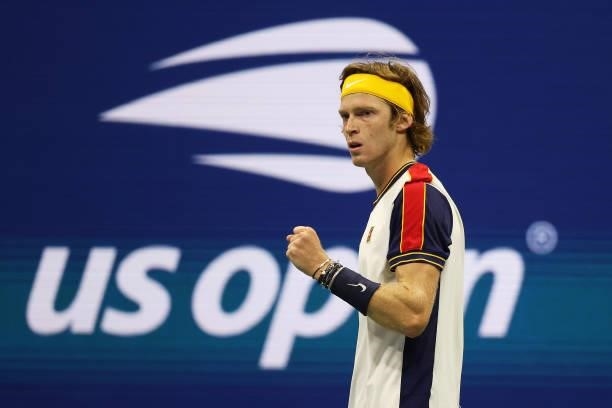 Andrey Rublev of Russia reacts against Frances Tiafoe of the United States during his Men's Singles third round match on Day Five of the 2021 US Open...