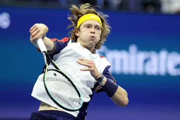Andrey Rublev of Russia returns against Frances Tiafoe of the United States during his Men's Singles third round match on Day Five of the 2021 US...