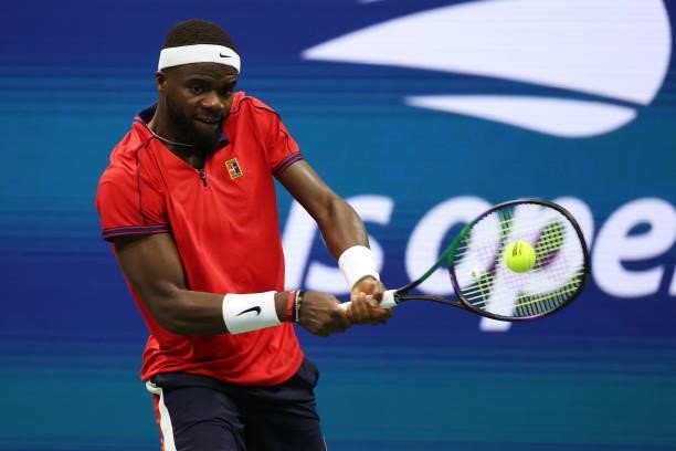 Frances Tiafoe of the United States returns against Andrey Rublev of Russia during his Men's Singles third round match on Day Five of the 2021 US...