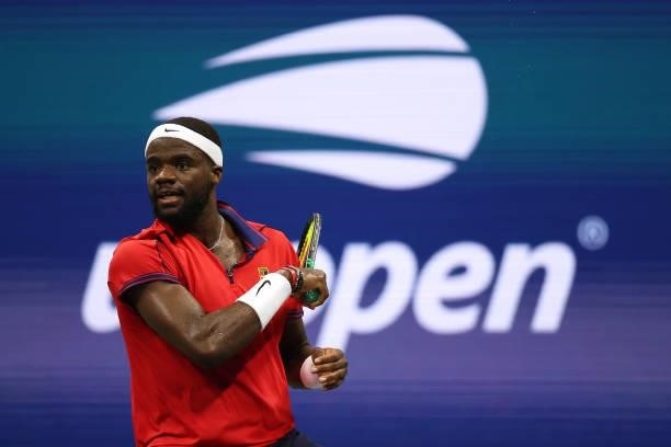 Frances Tiafoe of the United States returns against Andrey Rublev of Russia during his Men's Singles third round match on Day Five of the 2021 US...