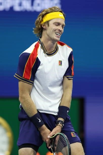 Andrey Rublev of Russia reacts to hitting the ball into the net against Frances Tiafoe of the United States during his Men's Singles third round...