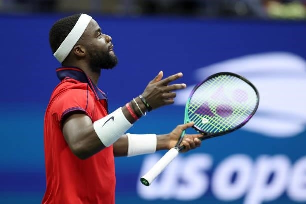 Frances Tiafoe of the United States reacts against Andrey Rublev of Russia during his Men's Singles third round match on Day Five of the 2021 US Open...