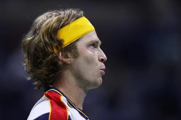 Andrey Rublev of Russia reacts against Frances Tiafoe of the United States during his Men's Singles third round match on Day Five of the 2021 US Open...