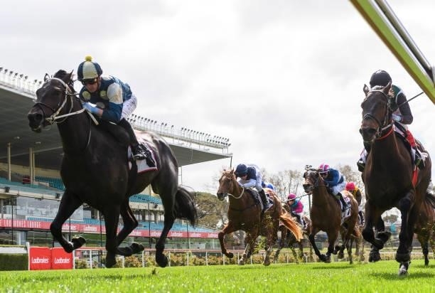 Daniel Moor riding Forgot You winning Race 1, Pfd Food Services Handicap, during Melbourne Racing at Moonee Valley Racecourse on September 04, 2021...