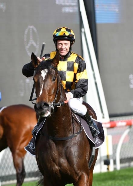 Brett Prebble riding Zouzarella after winning race 6, the 3 Point Motors Atlantic Jewel Stakes, during Melbourne Racing at Moonee Valley Racecourse...
