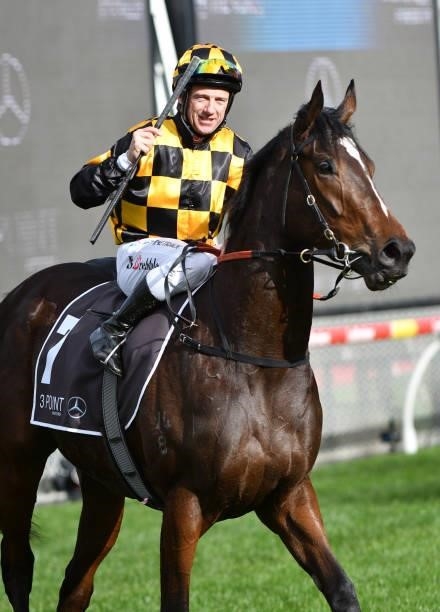Brett Prebble riding Zouzarella after winning race 6, the 3 Point Motors Atlantic Jewel Stakes, during Melbourne Racing at Moonee Valley Racecourse...