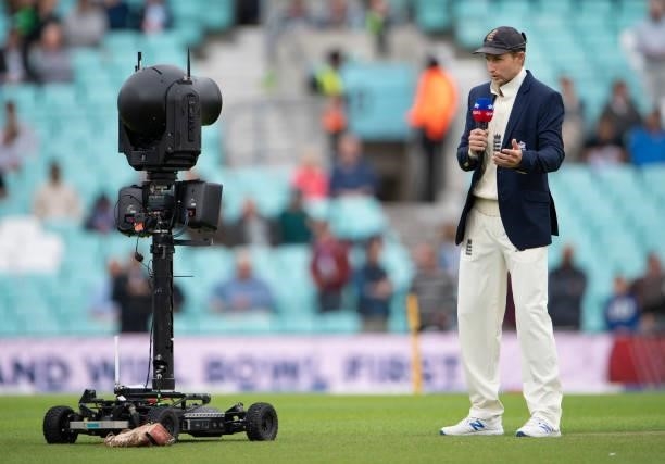 England captain Joe Root being interviewed by Sky Sports prior to the Fourth LV= Insurance Test Match: Day One between England and India at The Kia...