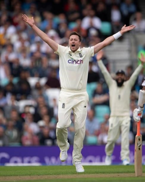 Ollie Robinson of England appeals during the Fourth LV= Insurance Test Match: Day One between England and India at The Kia Oval on September 02, 2021...