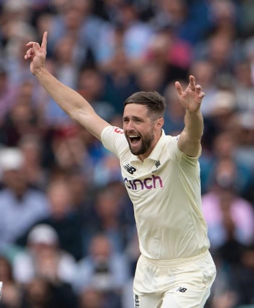 Chris Woakes of England appeals during the Fourth LV= Insurance Test Match: Day One between England and India at The Kia Oval on September 02, 2021...