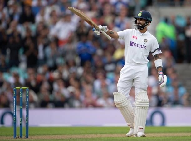 India captain Virat Kohli celebrates his half century during the Fourth LV= Insurance Test Match: Day One between England and India at The Kia Oval...