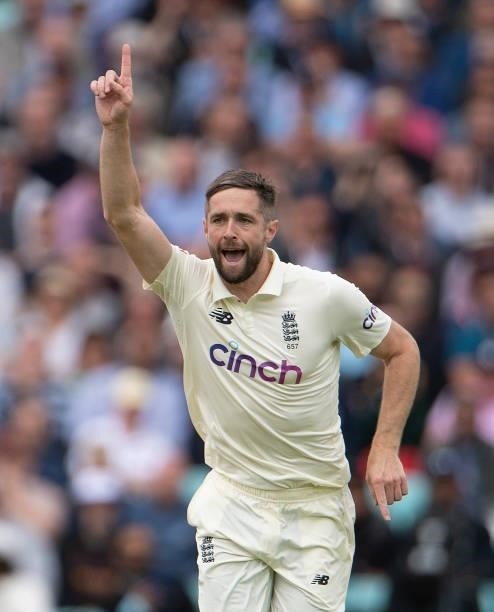 Chris Woakes of England celebrates taking the wicket of Rohit Sharma of India during the Fourth LV= Insurance Test Match: Day One between England and...