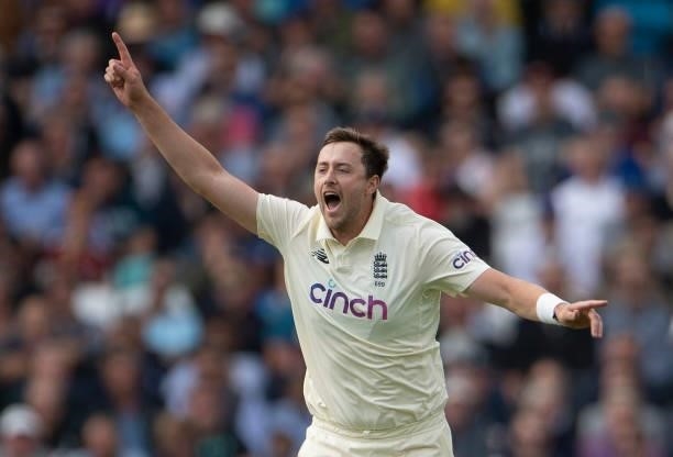 Ollie Robinson of England celebrates taking the wicket of Virat Kohli of India during the Fourth LV= Insurance Test Match: Day One between England...