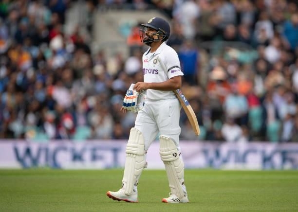 Rohit Sharma of India walks from the pitch after losing his wicket to Chris Woakes of England during the Fourth LV= Insurance Test Match: Day One...