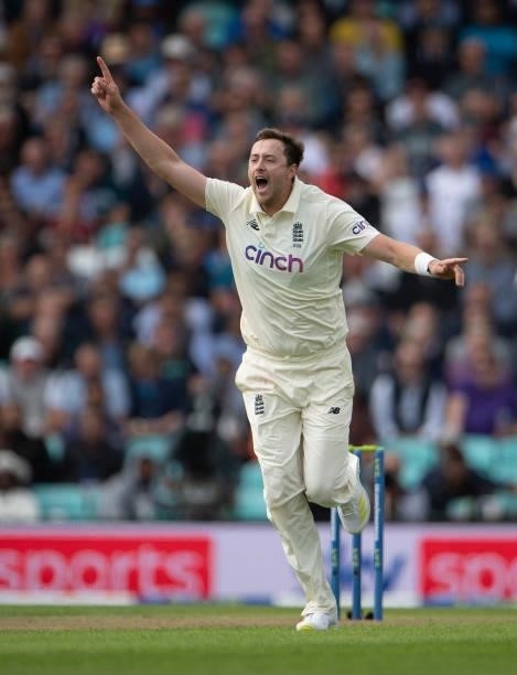 Ollie Robinson of England celebrates taking the wicket of Virat Kohli of India during the Fourth LV= Insurance Test Match: Day One between England...