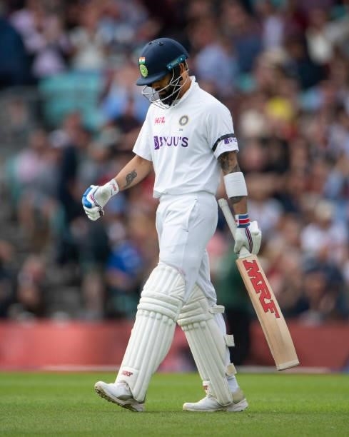Virat Kohli of India walsk from the pitch after losing his wicket to Ollie Robinson of England during the Fourth LV= Insurance Test Match: Day One...
