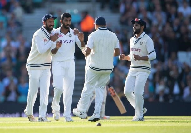 Jasprit Bumrah of India celebrates taking the wicket of Rory Burns of England during the Fourth LV= Insurance Test Match: Day One between England and...