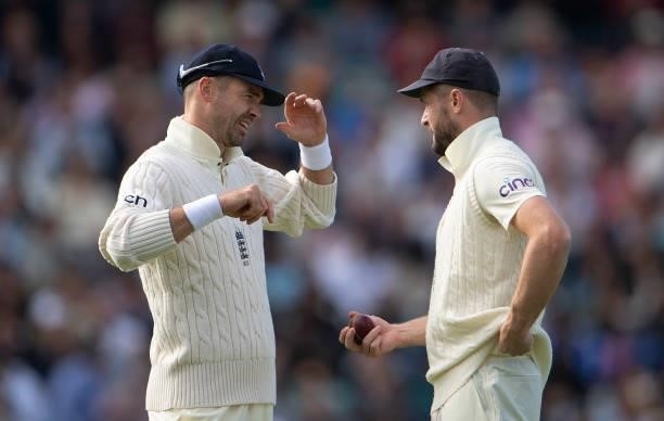 James Anderson and Chris Woakes of England during the Fourth LV= Insurance Test Match: Day One between England and India at The Kia Oval on September...