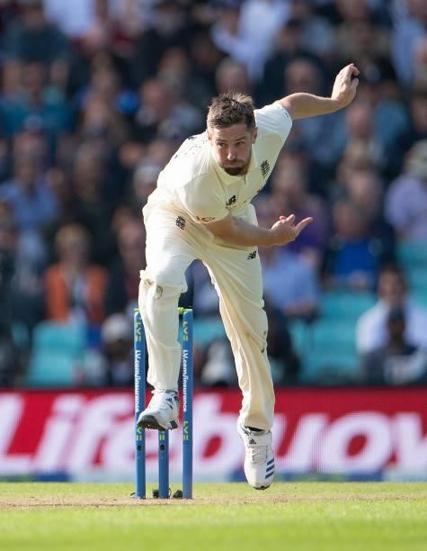 Chris Woakes of England during the Fourth LV= Insurance Test Match: Day One between England and India at The Kia Oval on September 02, 2021 in...