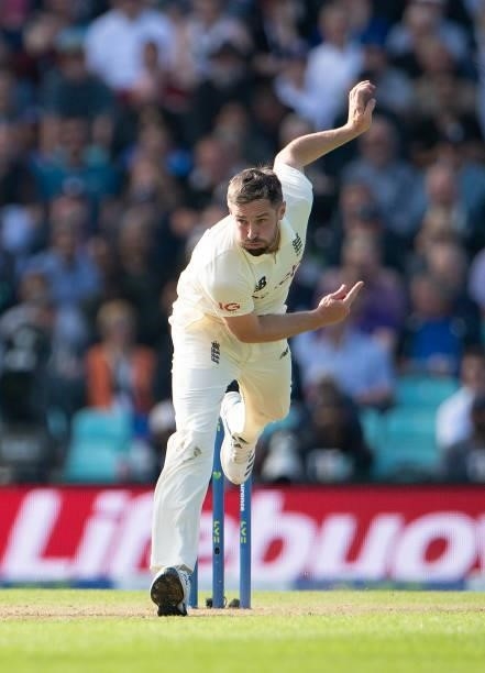 Chris Woakes of England during the Fourth LV= Insurance Test Match: Day One between England and India at The Kia Oval on September 02, 2021 in...