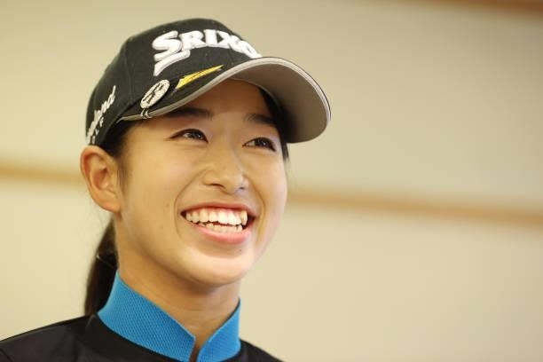 Kokone Yoshimoto of Japan smiles during the second round of the Golf5 Ladies at Golf5 Country Yokkaichi Course on September 04, 2021 in Yokkaichi,...