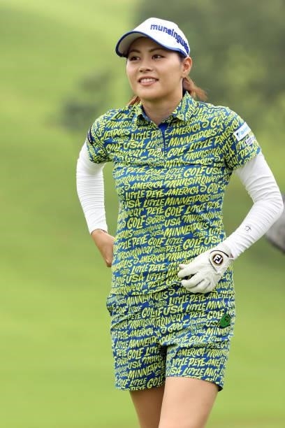 Hina Arakaki of Japan smiles during the second round of the Golf5 Ladies at Golf5 Country Yokkaichi Course on September 04, 2021 in Yokkaichi, Mie,...